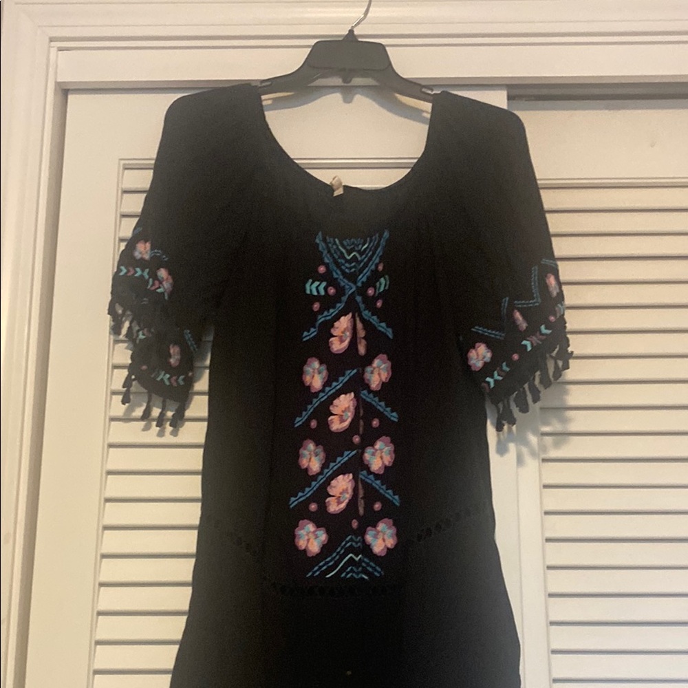 Xhilaration Black Midi Dress with Blue and Pink Embroidery